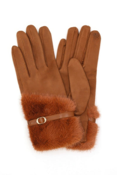 CCWHOLESALECLOTHING brown suede gloves with plush faux fur cuff and buckle detail faux fur smart touch gloves