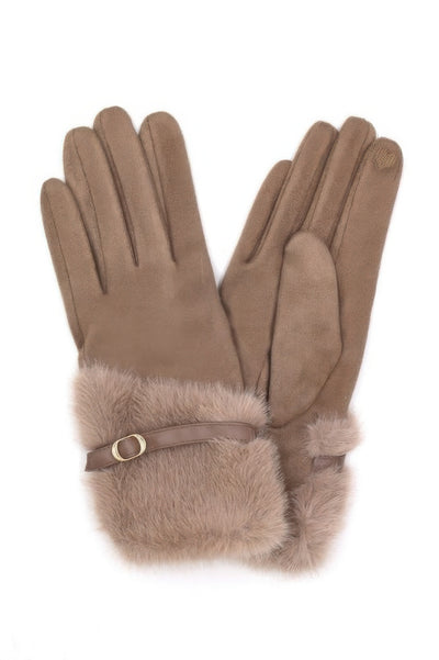 Taupe winter gloves with faux fur cuffs and buckle detail touchscreen compatible fashion faux fur smart touch gloves