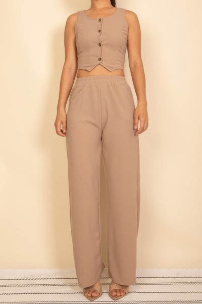 Scoop Neck Button Vest & Wide Leg Pants Set - Two Piece Coordinated Outfit - Fashions Envy