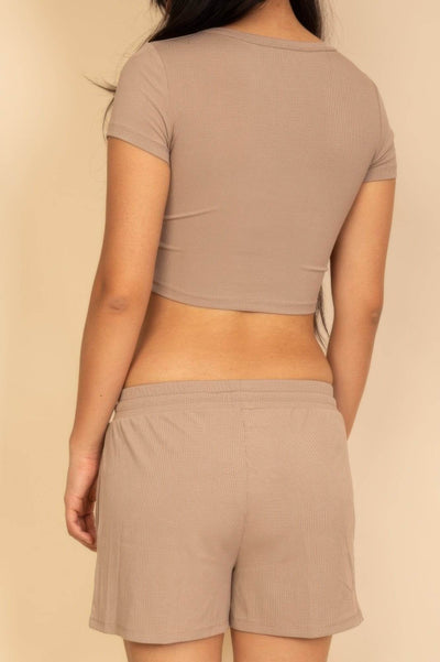 Ribbed Knit Drawstring Lounge Shorts Set - Cozy Two Piece Set - Fashions Envy