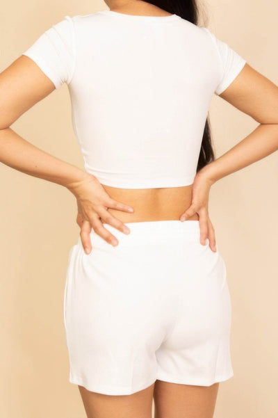 Ribbed Knit Drawstring Lounge Shorts Set - Cozy Two Piece Set - Fashions Envy