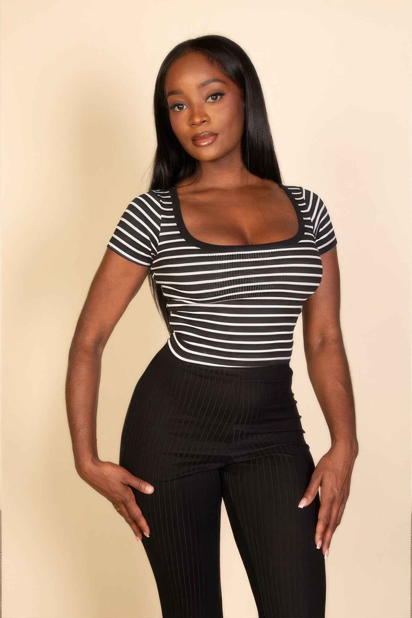 CAPELLA Striped Ribbed Crop Top - Square Neck Cap Sleeve