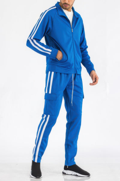 Men's Tracksuit Set - Two Stripe Utility Cargo Pockets - Fashions Envy
