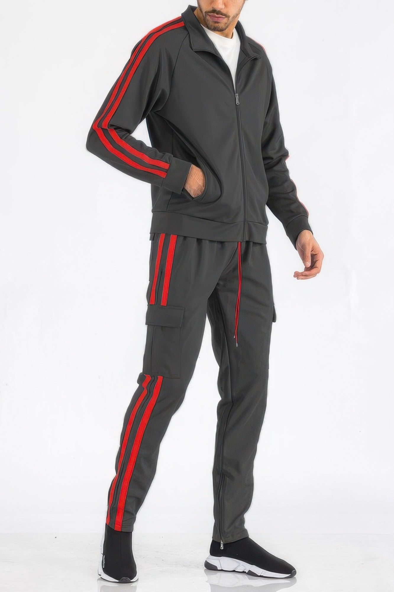Men's Tracksuit Set - Two Stripe Utility Cargo Pockets - Fashions Envy