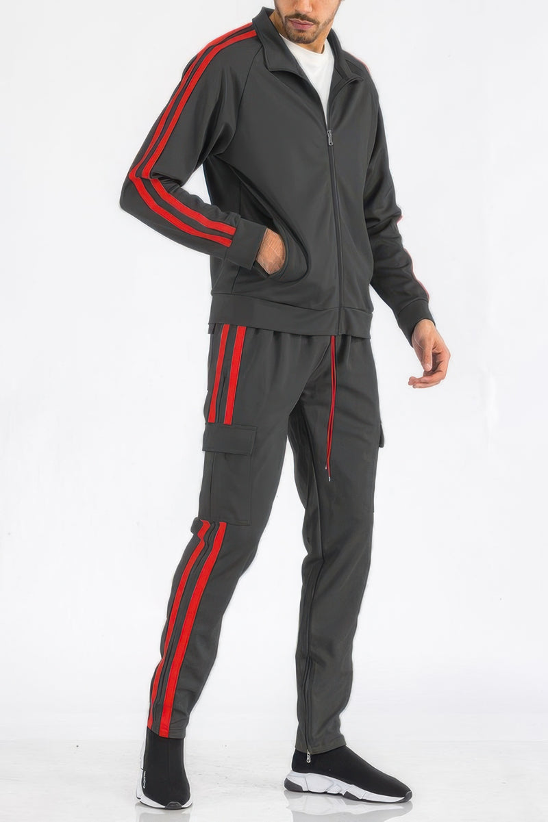 Men's Tracksuit Set - Two Stripe Utility Cargo Pockets - Fashions Envy