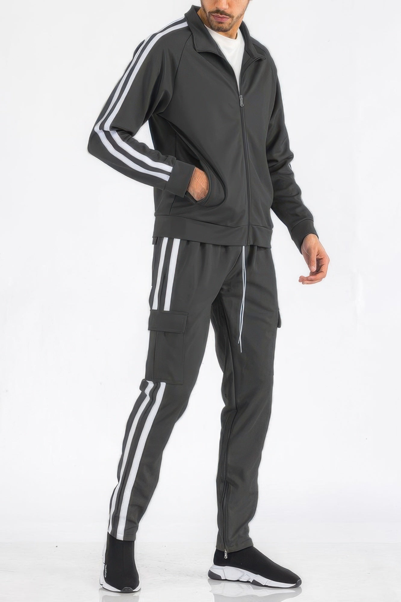 Men's Tracksuit Set - Two Stripe Utility Cargo Pockets - Fashions Envy