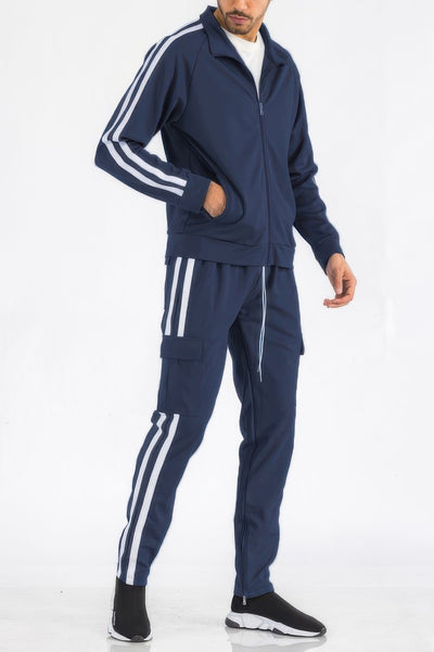 Men's Tracksuit Set - Two Stripe Utility Cargo Pockets - Fashions Envy
