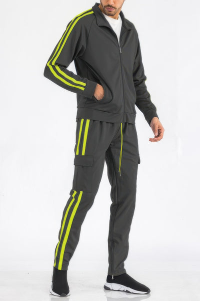 Men's Tracksuit Set - Two Stripe Utility Cargo Pockets - Fashions Envy