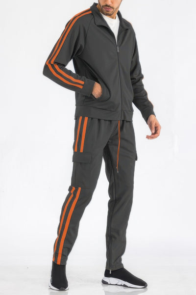 Men's Tracksuit Set - Two Stripe Utility Cargo Pockets - Fashions Envy