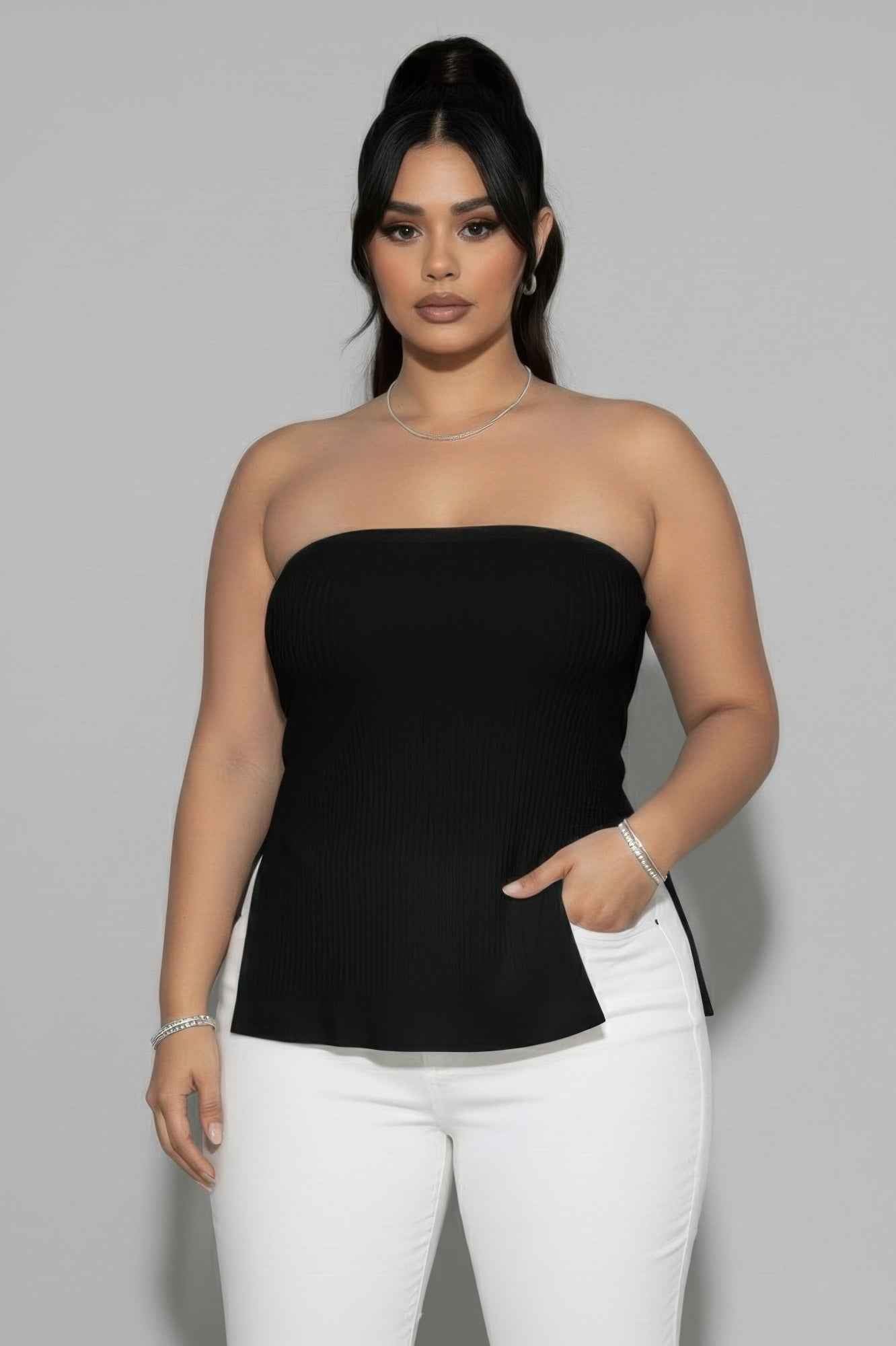CAPELLA Plus Strapless Ribbed Top - Side Slit Flare Hem