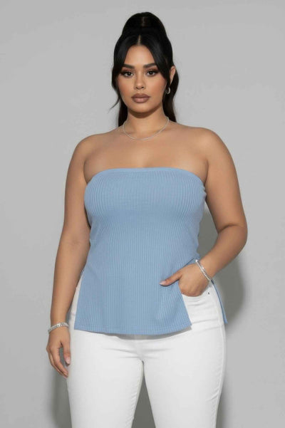 CAPELLA Plus Strapless Ribbed Top - Side Slit Flare Hem