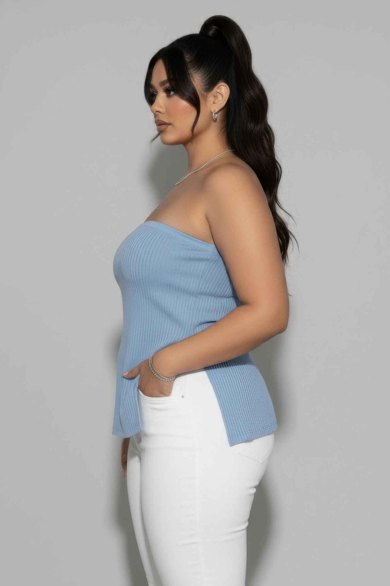 CAPELLA Plus Strapless Ribbed Top - Side Slit Flare Hem