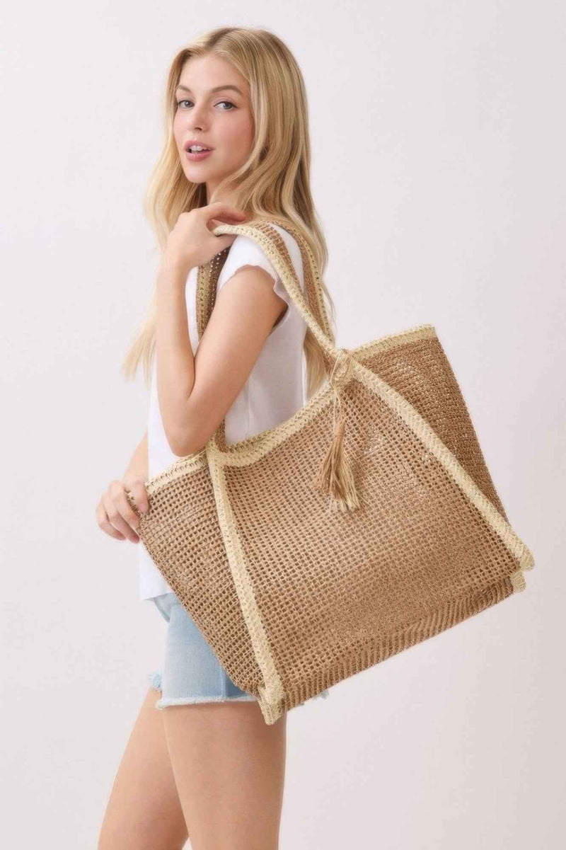 Two Tone Woven Straw Tote Bag With Tassel