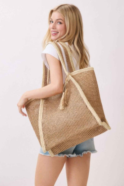 Two Tone Woven Straw Tote Bag With Tassel