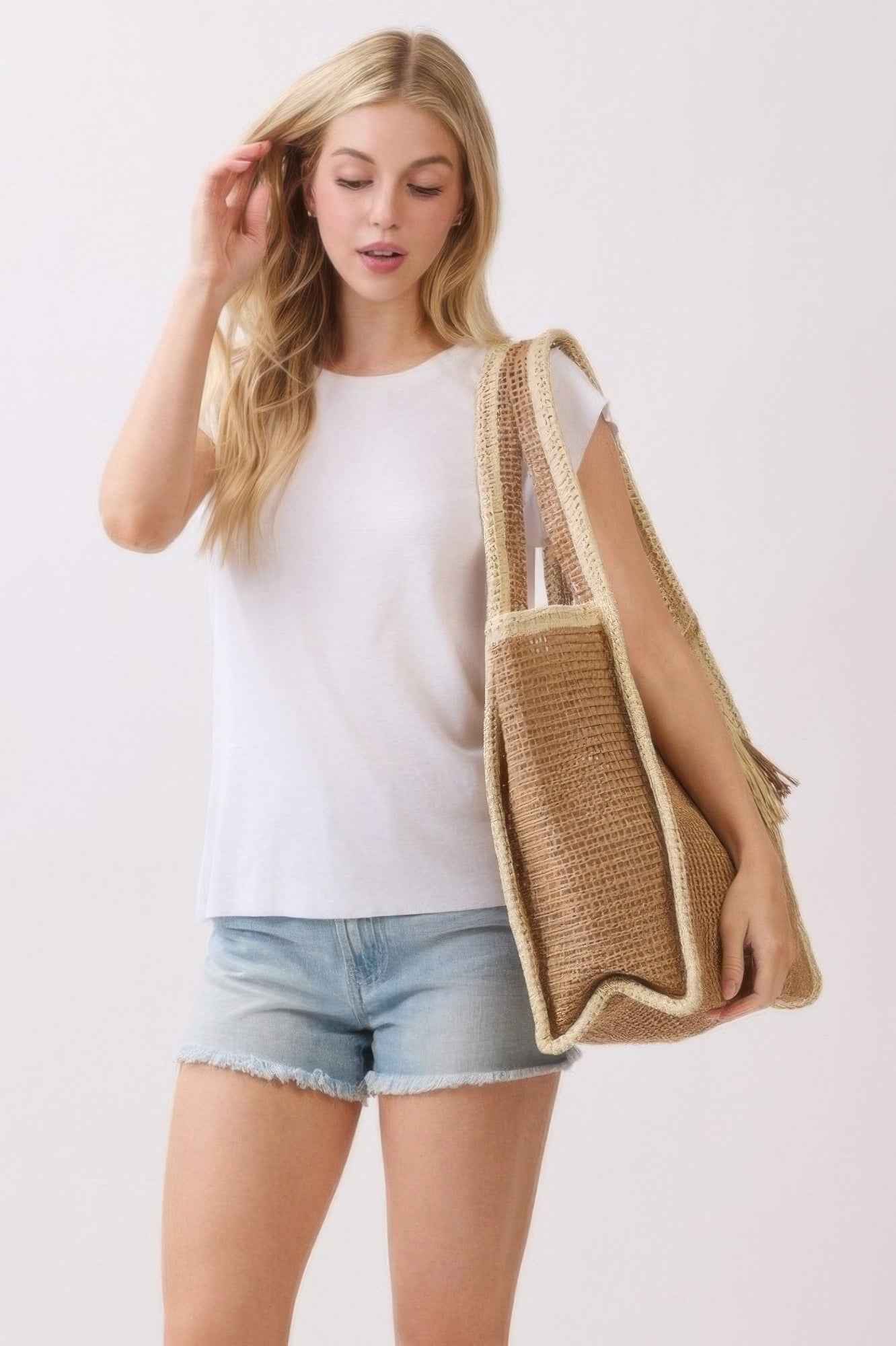 Two Tone Woven Straw Tote Bag With Tassel