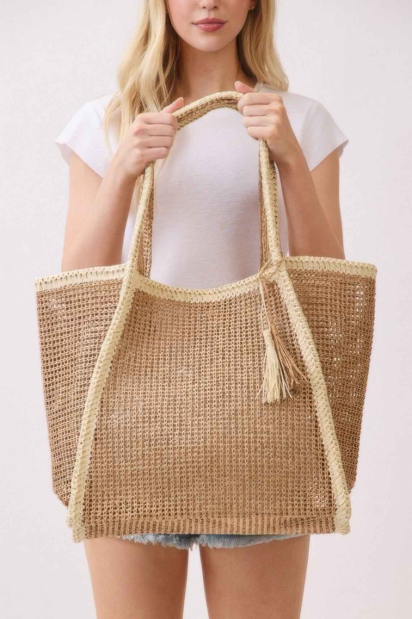 Two Tone Woven Straw Tote Bag With Tassel