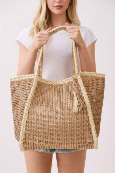 Two Tone Woven Straw Tote Bag With Tassel