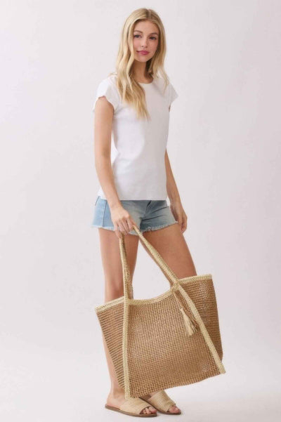 Two Tone Woven Straw Tote Bag With Tassel