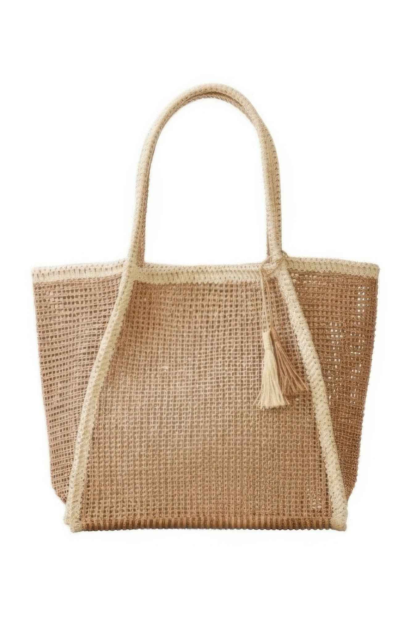 Two Tone Woven Straw Tote Bag With Tassel