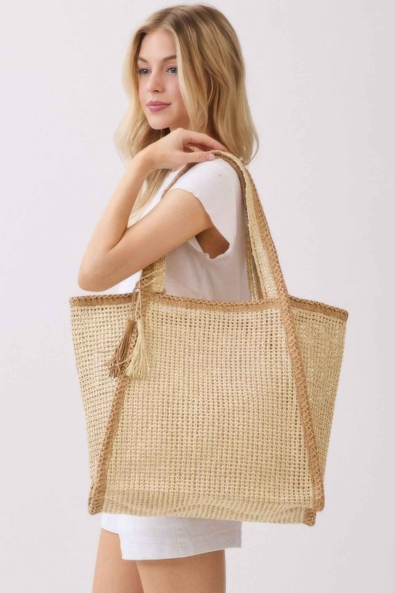 Two Tone Woven Straw Tote Bag With Tassel