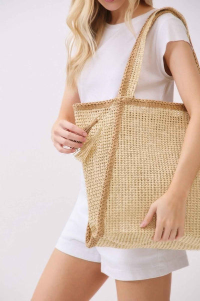 Two Tone Woven Straw Tote Bag With Tassel