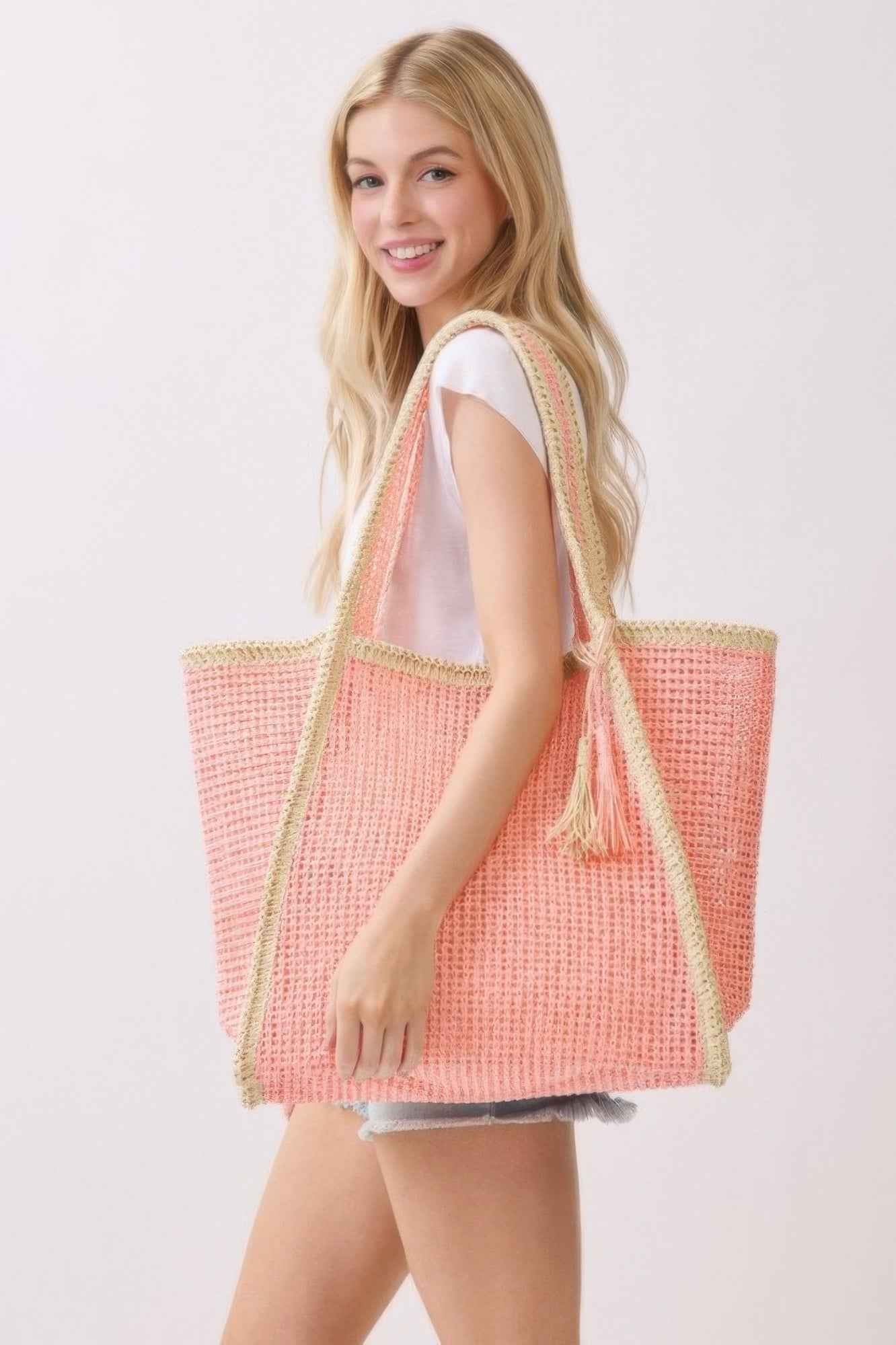 Two Tone Woven Straw Tote Bag With Tassel