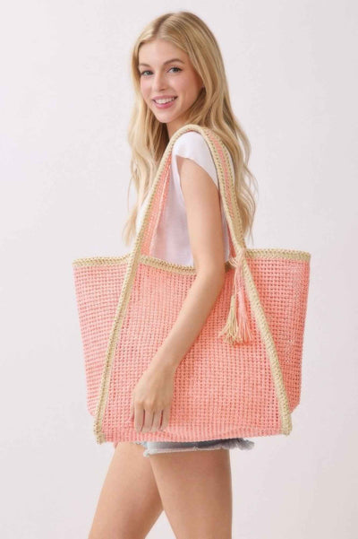 Two Tone Woven Straw Tote Bag With Tassel