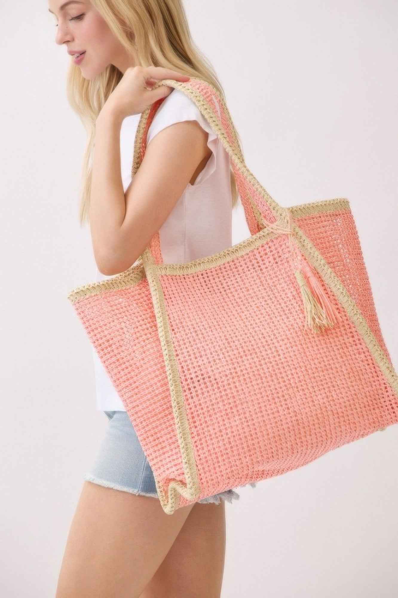 Two Tone Woven Straw Tote Bag With Tassel