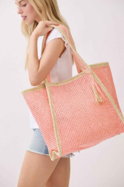 Two Tone Woven Straw Tote Bag With Tassel