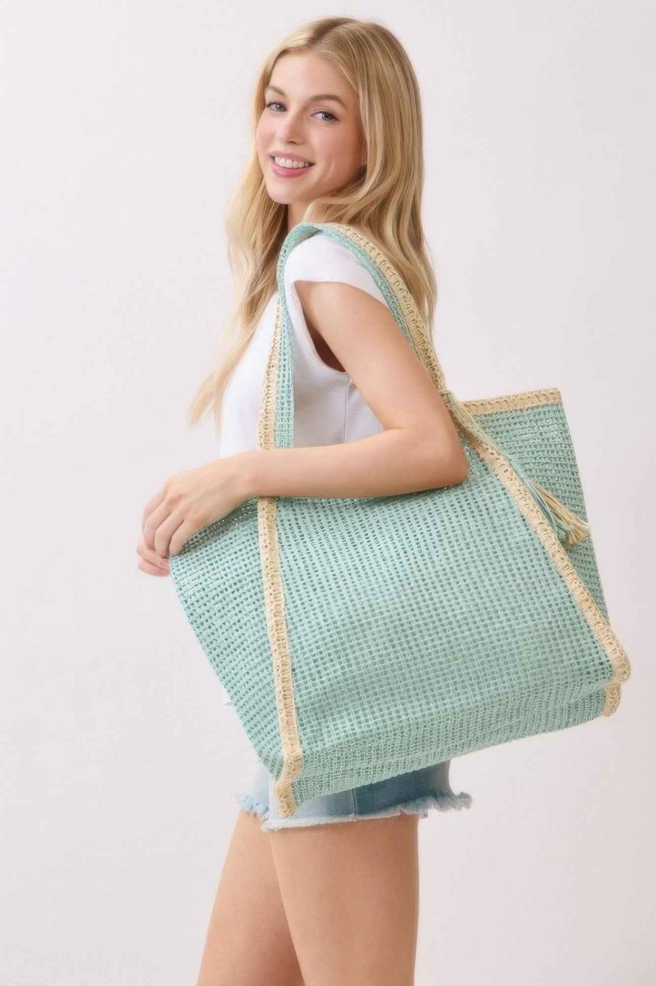 Two Tone Woven Straw Tote Bag With Tassel