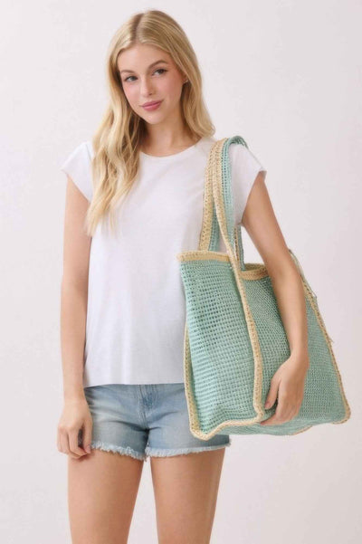 Two Tone Woven Straw Tote Bag With Tassel