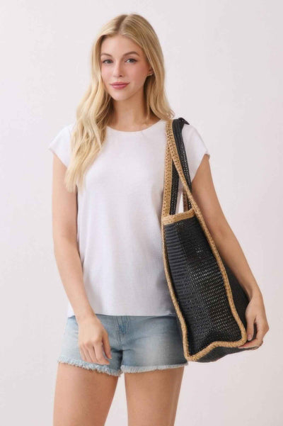 Two Tone Woven Straw Tote Bag With Tassel