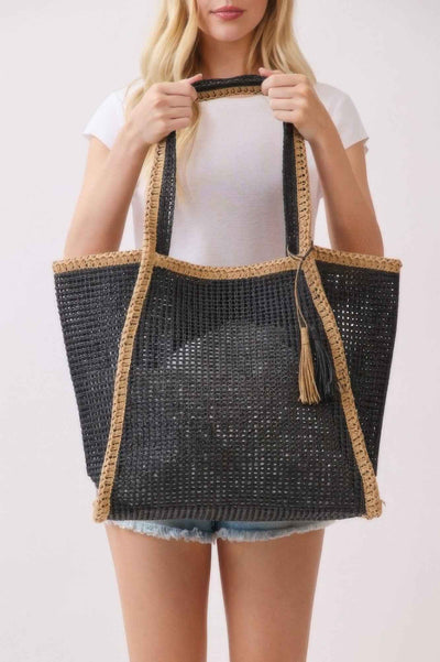 Two Tone Woven Straw Tote Bag With Tassel