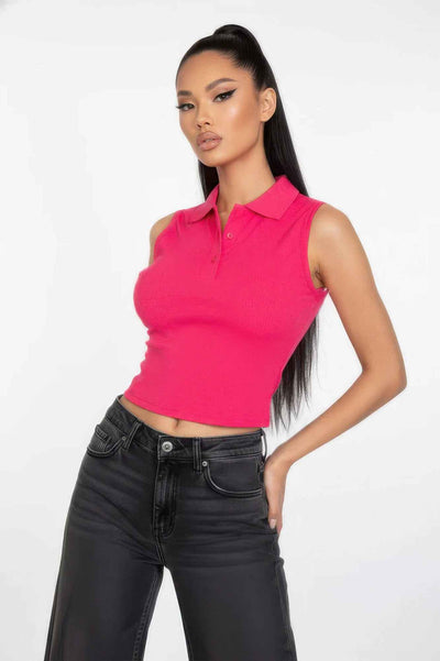 Slim-fit Sleeveless Polo Collar Crop Top