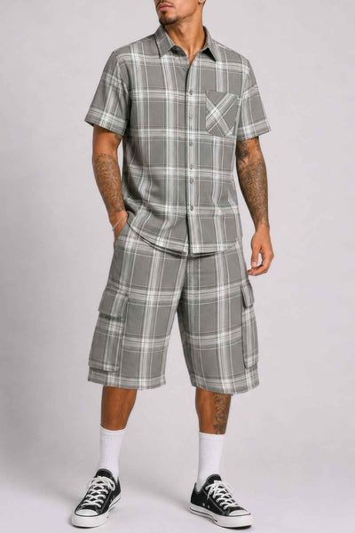 Mens Checkered Shirt And Cargo Shorts Set