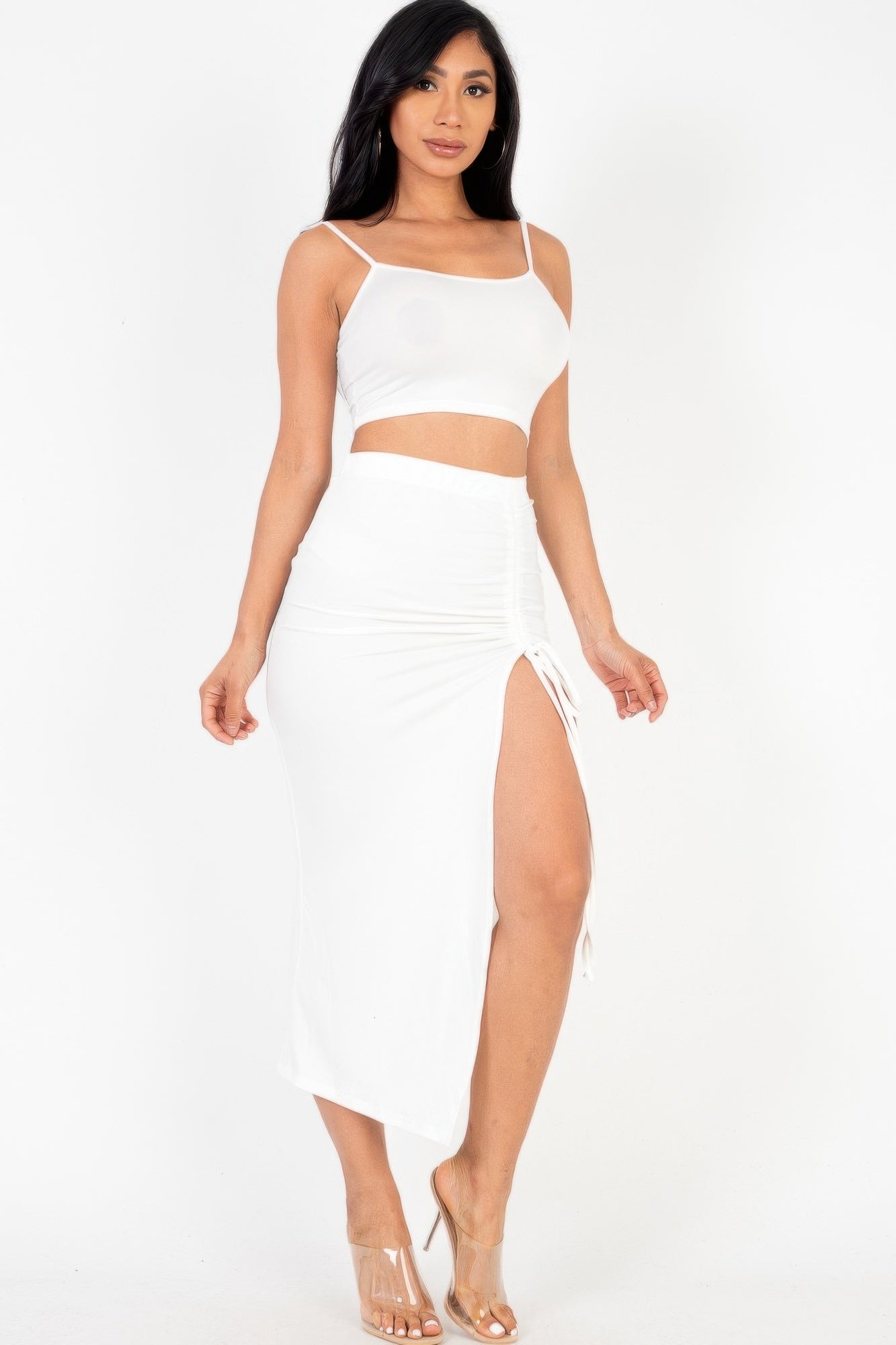 Cami Crop Top & Ruched Side Split Hem Midi Skirt Set