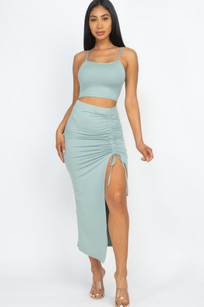 Cami Crop Top & Ruched Side Split Hem Midi Skirt Set