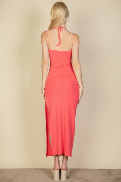 Ribbed Cut Out Front Side Slit Maxi Dress