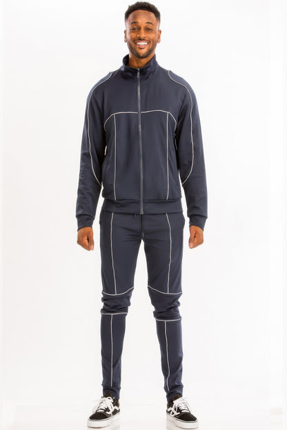 Men's Casual Reflective Piping Tracksuit Set