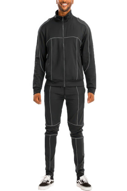 Men's Casual Reflective Piping Tracksuit Set