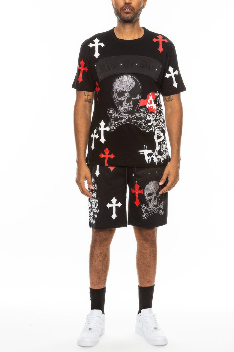 Men's T-Shirt Short Set - Cotton Chrome Cross Print - Fashions Envy