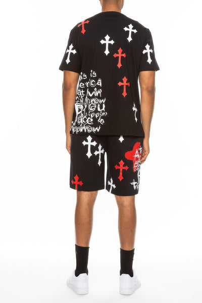 Men's T-Shirt Short Set - Cotton Chrome Cross Print - Fashions Envy
