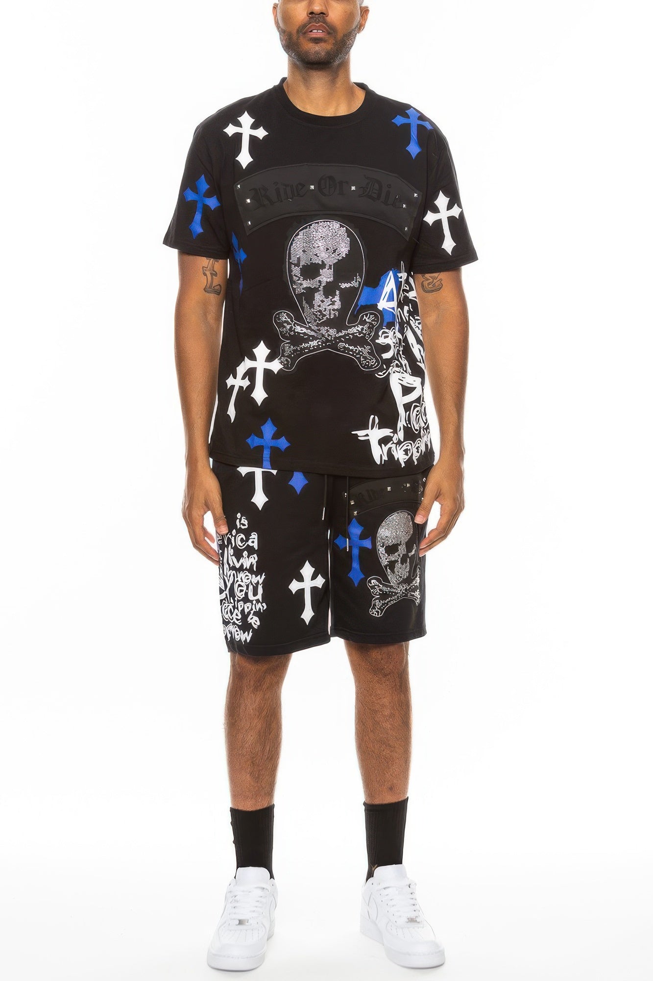 Men's T-Shirt Short Set - Cotton Chrome Cross Print - Fashions Envy