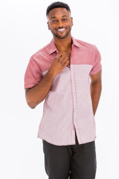 Men's Two Tone Short Sleeve Button Up Shirt