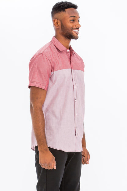 Men's Two Tone Short Sleeve Button Up Shirt