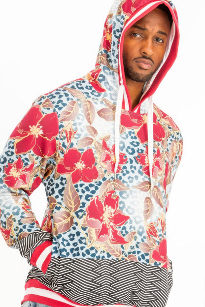 Red-multi Print Casual Breathable Hoodie & Sweat Set