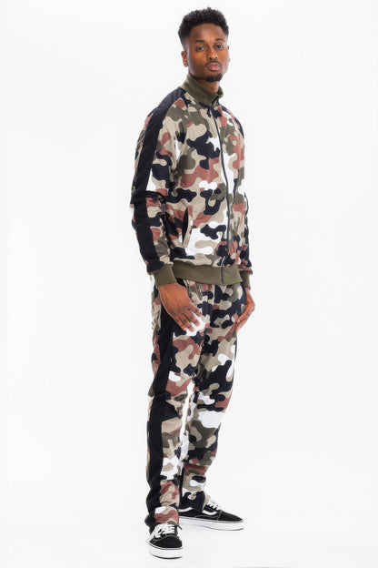 Full Camo Print with Stripe Casual Tracksuit Set