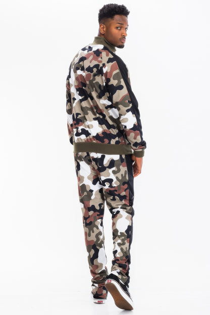 Full Camo Print with Stripe Casual Tracksuit Set