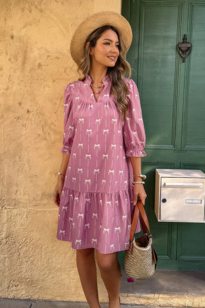 A Line Bow Ruffle V Neck Loose Fit Dress - Fashions Envy