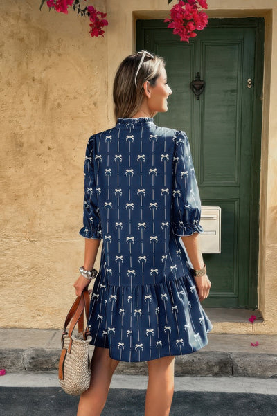 A Line Bow Ruffle V Neck Loose Fit Dress - Fashions Envy